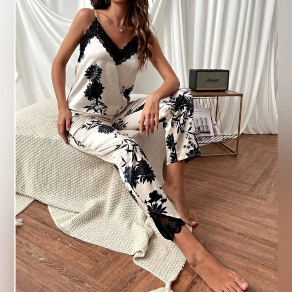 Satin Lace Floral Cami Top With Pants PJ Set